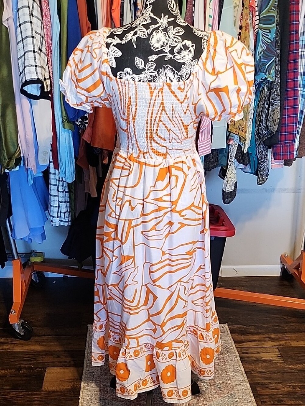 Orange Floral-Print Puff Sleeve Smocked Midi Dress - Picture 4 of 5